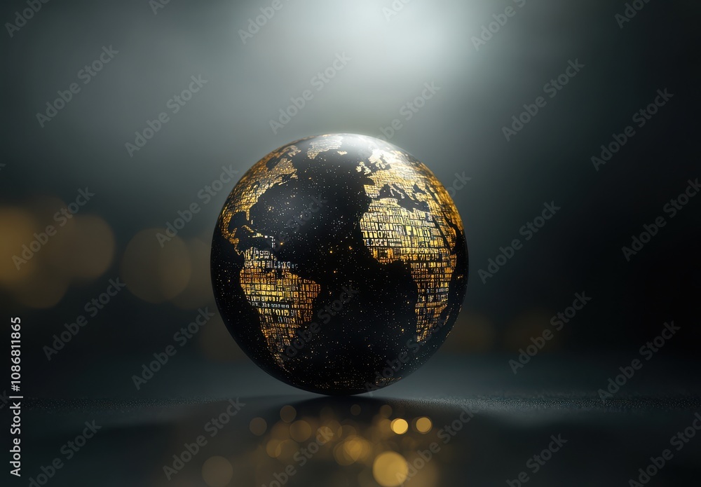 Poster glowing earth globe with digital data overlay against a dark background representing global connecti