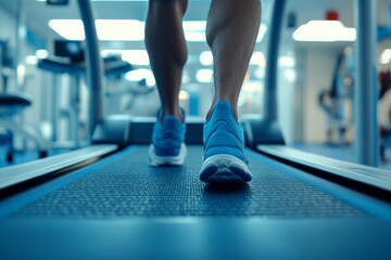 A person walking on a treadmill in a gym, focusing on their legs and shoes, in a bright, modern fitness environment.