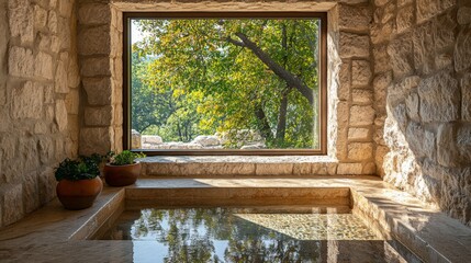 Stone Bathhouse with Forest View
