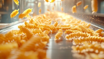 A vibrant scene of spiral pasta flowing on a conveyor belt, illuminated by sunlight, highlighting the production process.