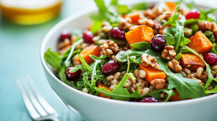 Farro salad with roasted sweet potato, cranberries, and walnuts
