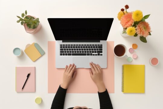 Female graphic designer computer table furniture.