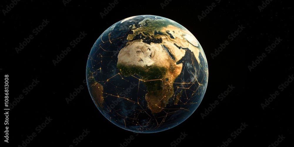 Poster stunning visualization of earth with illuminated satellite connections depicting global communicatio