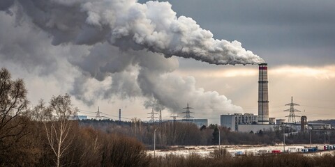 Heavy smoke billows from a factory chimney into the grey and white sky, cityscape, urban decay, smoke plume, dark sky