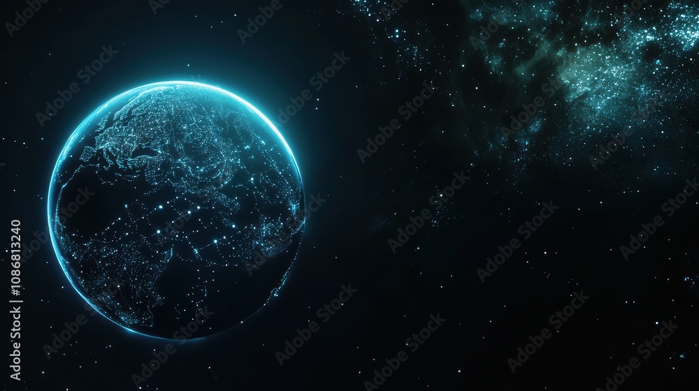 Poster glowing earth with digital connections highlighted in outer space, displaying a mesmerizing view of 