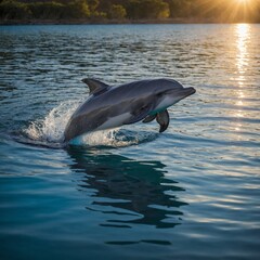 Obraz premium A dolphin creating ripples in a vibrant, glowing lagoon.