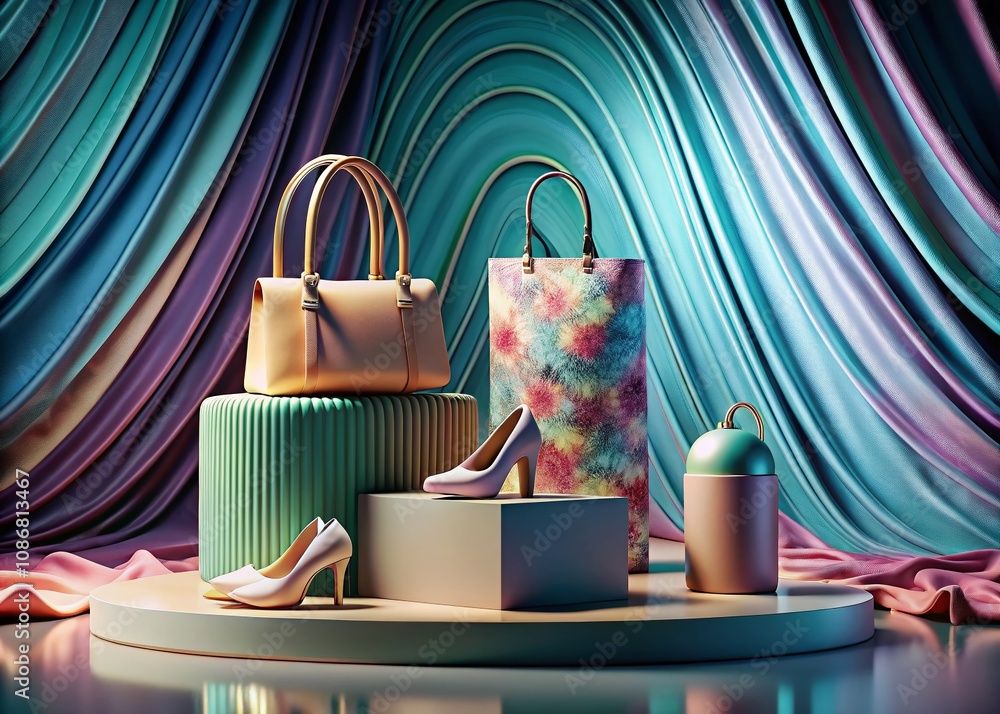 Poster elegant fashion product display with abstract fabric design elements in a minimalist 3d rendered sce