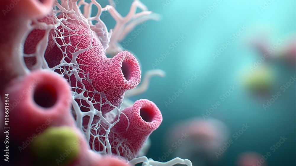 Poster detailed 3d rendering of cancer cells highlighting intricate structures and unique textures in a mic