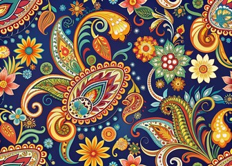 Elegant Floral Paisley Pattern in Asian Textile Style for Minimalist Decor and Design Projects, Perfect for Wallpapers, Fabrics, and Print Materials Featuring Rich Colors and Textures