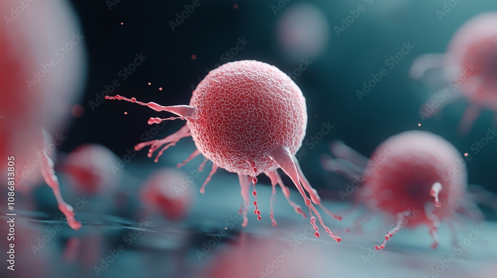 Poster digital artistic representation of cancer cells showing intricate structures and unique features in 