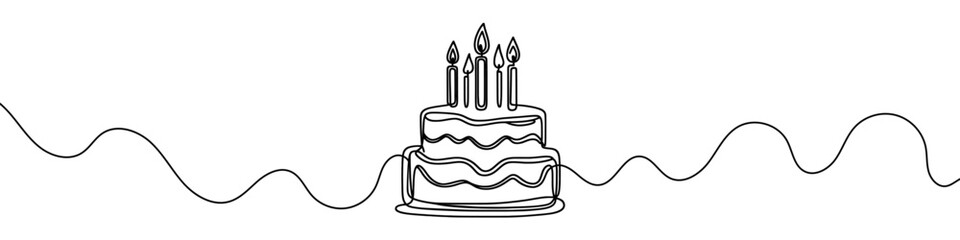 One continuous line illustration of a birthday cake, isolated on white background. Line art of birthday cake.