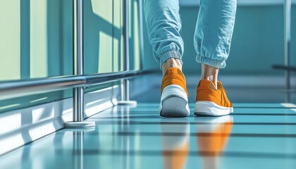 Obraz premium A person walking in orange sneakers along a sleek, modern corridor, showcasing a stylish urban vibe with bright lighting.