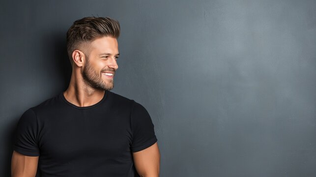 Handsome Male Model with Classic Crew Cut Hair Smiling Against a Dark Background in Casual Black T-Shirt, Showcasing Trendy Hairstyle and Masculine Features
