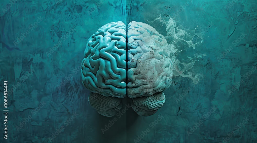 Poster photograph of merge of digital ai and human brain halves in complexity theory, futuristic blue backg