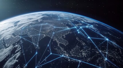 Obraz premium Stunning Earth Image from Space Featuring Bright Lights and Network Connections Representing Global Communication and Interconnectedness Over a Beautiful Blue Planet