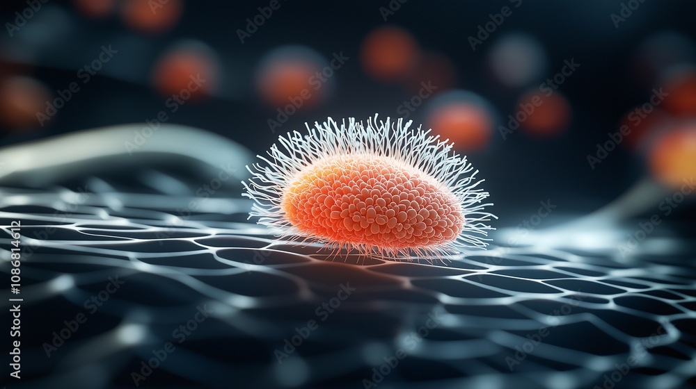 Poster detailed 3d rendering of a single cancer cell with microenvironment in vibrant colors highlighting c