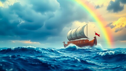 Fototapeta premium A solitary wooden sailing ship navigates the vast open ocean, its white sail billowing in the wind, a vibrant rainbow arching overhead, promising hope and new beginnings.