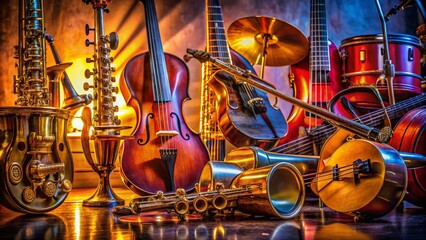 Naklejka premium Elegant Low Light Photography of Various Musical Instruments Showcasing Their Unique Shapes and Textures in a Dramatic and Atmospheric Setting with Subtle Lighting Effects