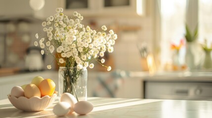 photograph of minimal easter decor in the kitchen wide angle lens
