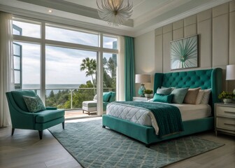 Fototapeta premium Elegant Bedroom Interior with Teal Accents, Natural Light, Cozy Decor, Modern Design, Serenity, Stylish Bedding, Minimalist Furniture, Warm Atmosphere