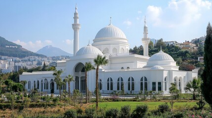 Obraz premium Scenic Mosque and Mountains Landscape
