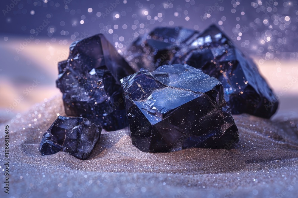 Aufkleber a close-up of dark, shimmering crystals resting on sandy ground, illuminated by soft light, creating