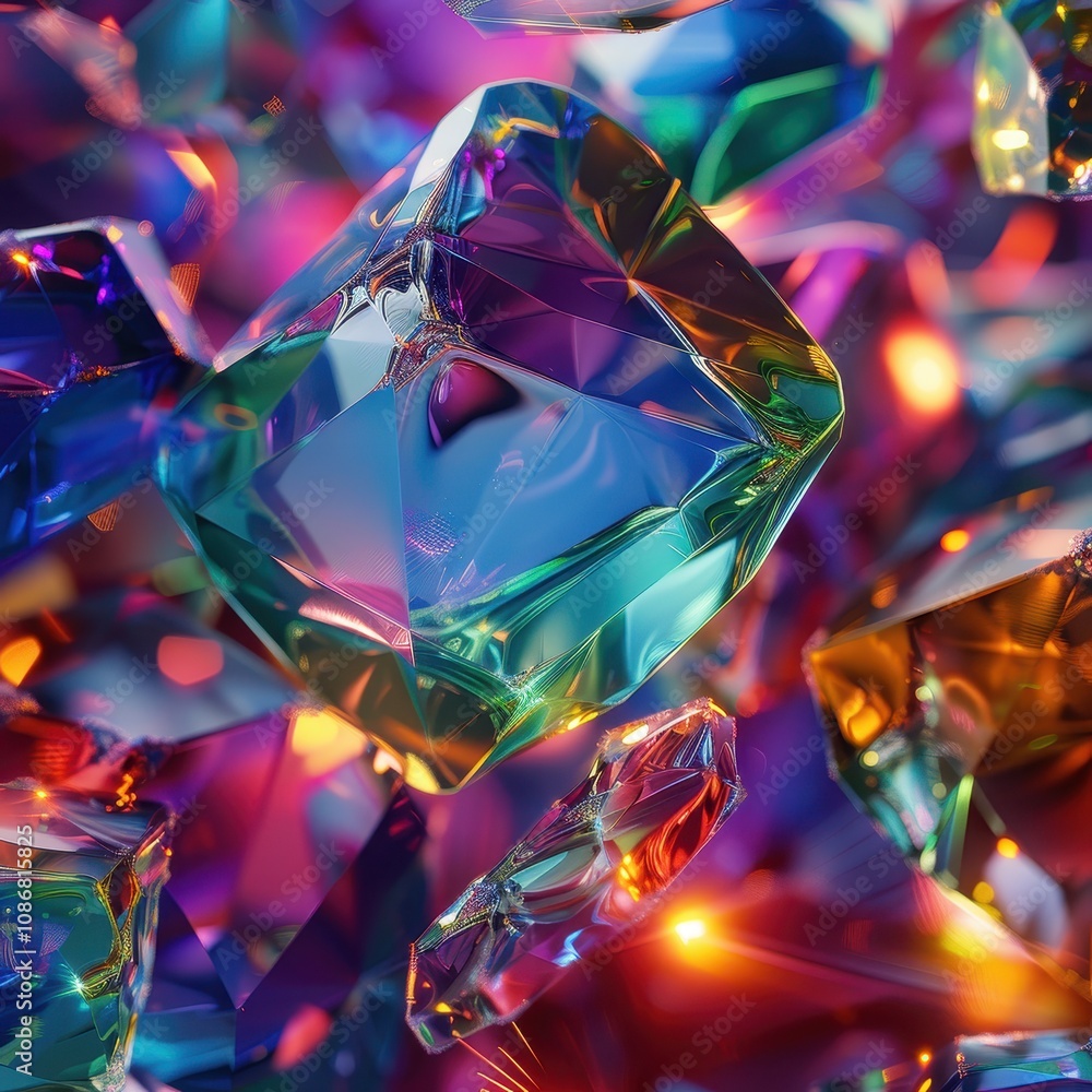 Poster a vibrant close-up of colorful, sparkling crystals reflecting light, creating a mesmerizing display 