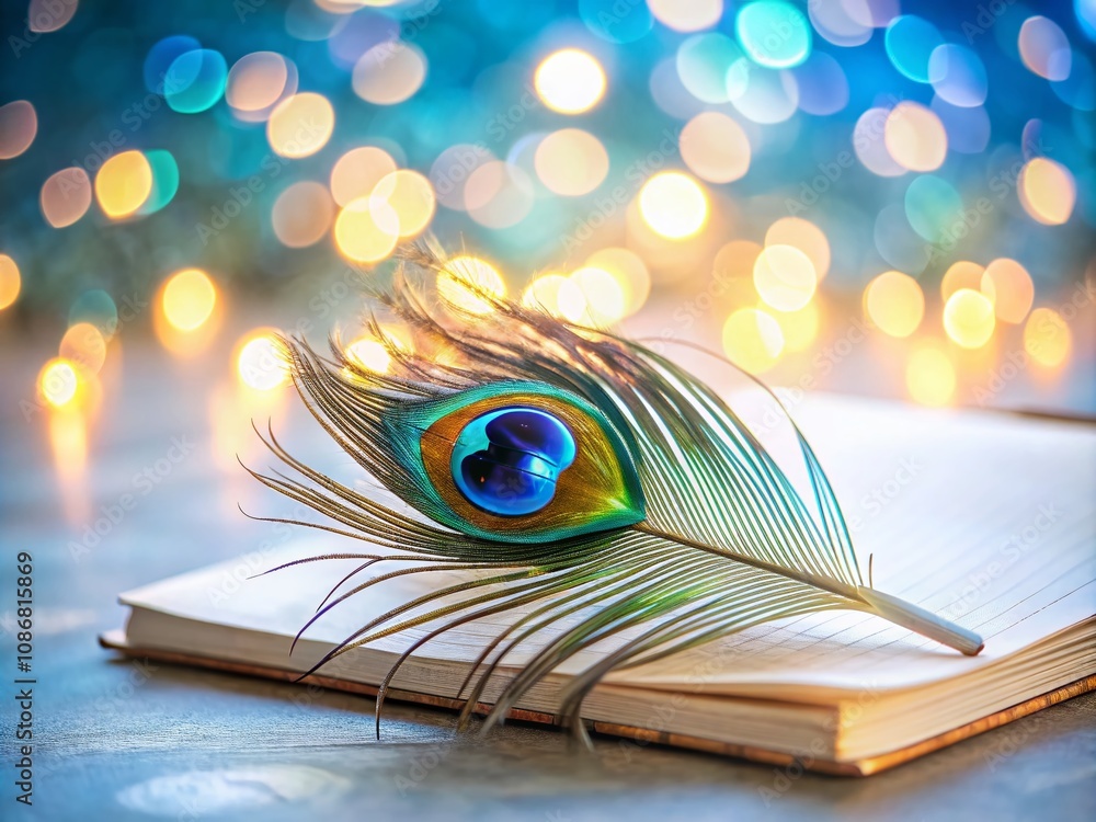 Poster elegant peacock fin displayed on a white page in a diary with a stunning bokeh effect creating an ar