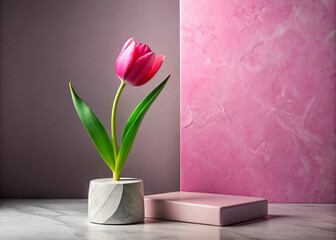 Elegant Pink Tulip on Geometric Stone Podium for Cosmetic Product Promotion in a Studio Setting with Copy Space for Branding and Advertising Purposes