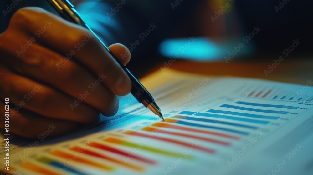 Poster analysis of financial data with colorful graphs and charts in a business environment, close-up of ha