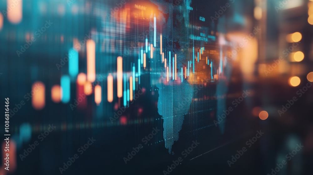 Poster abstract digital finance chart with glowing candlestick graph overlays showing market trends and dat