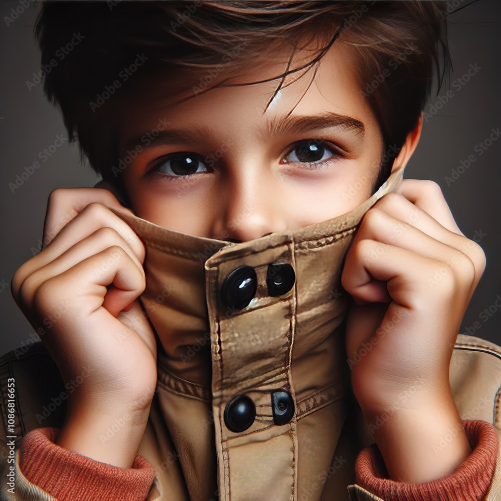 Poster pulling up jacket collar face partially hidden – child pulls u