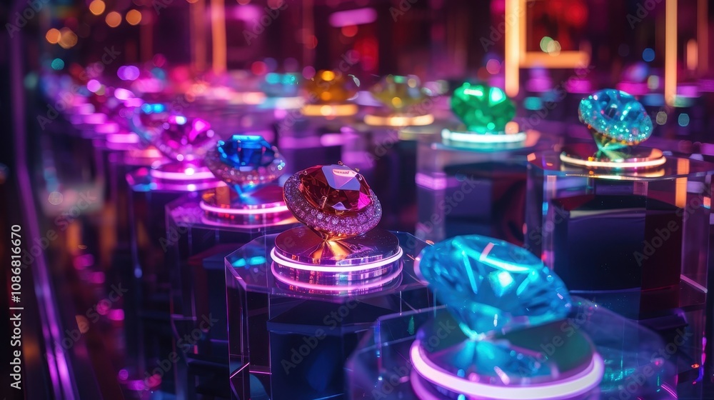 Poster a vibrant display of colorful gemstones illuminated by neon lights, creating a mesmerizing and encha
