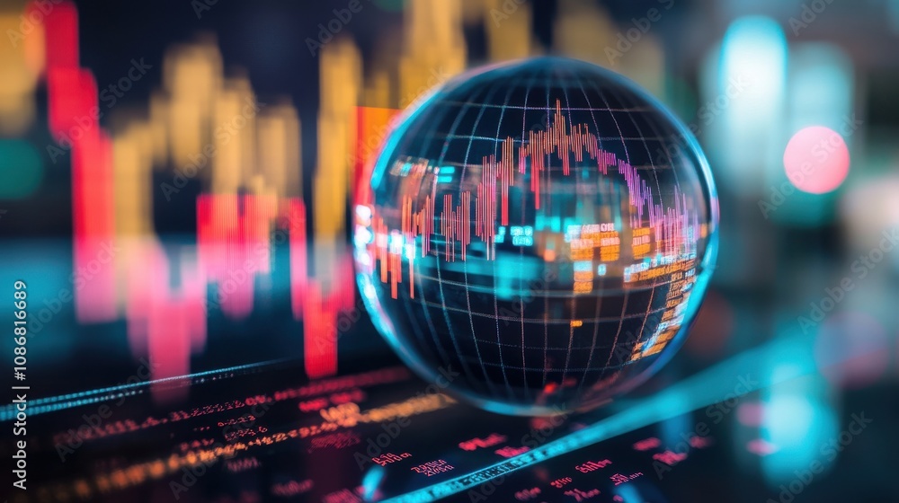 Poster abstract financial data visualization with a transparent globe reflecting stock market trends, digit