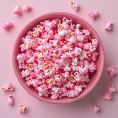 A delicious serving of pink popcorn perfect for movie night sits in a fun and colorful popcorn bucket. AI generative