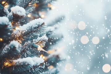 A stunning Christmas background featuring a snow-covered tree adorned with garland lights, set within a widescreen frame. This holiday festive backdrop captures the essence of New Year winter art desi