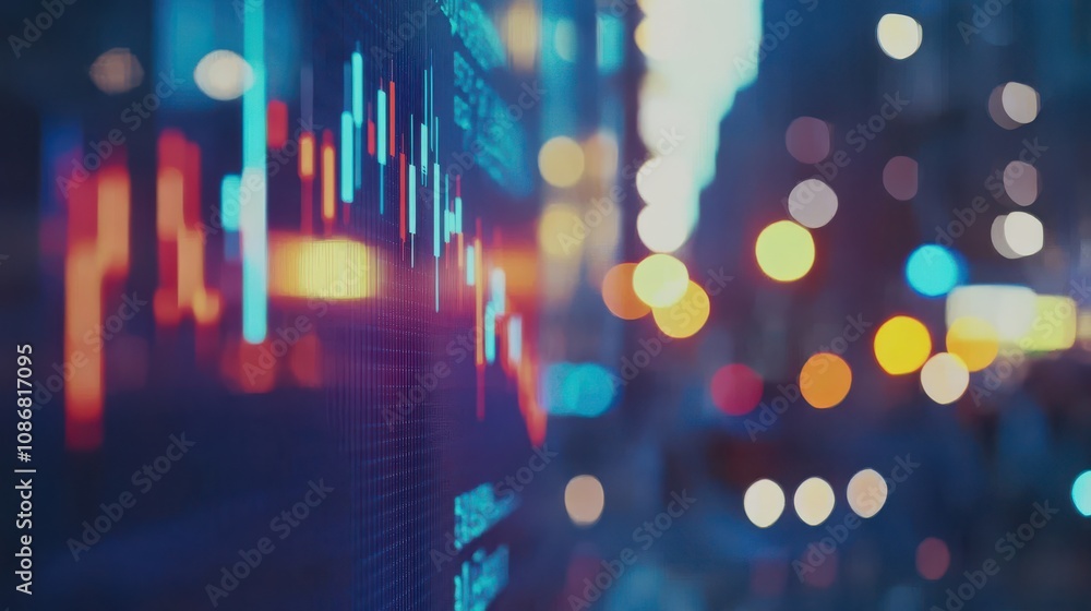 Poster colorful blurred background of financial market data and abstract lights, creating a dynamic atmosph