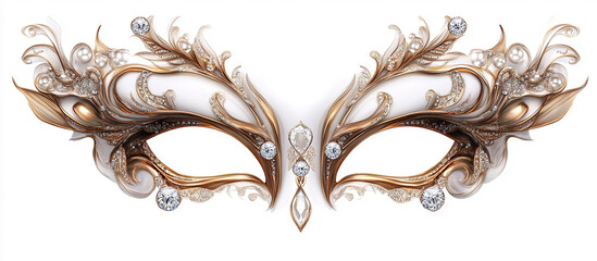 A white and gold masquerade mask with gemstones on a white background