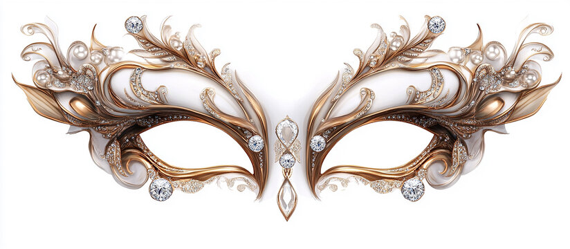 A white and gold masquerade mask with gemstones on a white background
