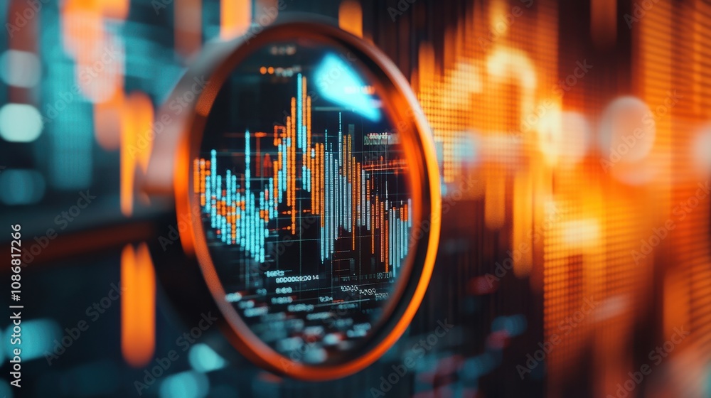 Poster magnifying glass focusing on digital stock market data with colorful graphs and candlestick patterns