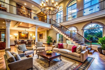Fototapeta premium Elegant Staircase Leading to a Luxurious Living Room in a Modern Home with High Ceilings and Sophisticated Decor, Showcasing Upscale Interior Design and Warm Ambiance