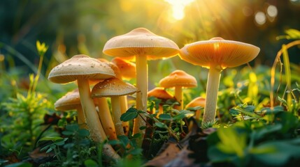 photograph of Mushroom plants. Brightly glowing mushrooms in a forest. Mushrooms in a wood. Mushroom in a forest on sunrise. Magic mushroom in the forest.
