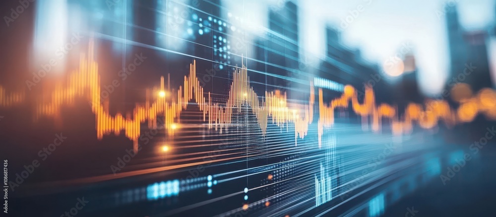 Poster abstract financial data visualization with sound waves and city skyline at dusk emphasizing technolo