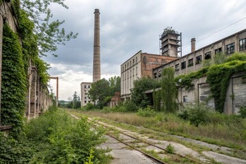 Industrial landscape with crumbling factory walls and overgrown vegetation, worn down structures, post-industrial wasteland, grunge aesthetics, overgrowth