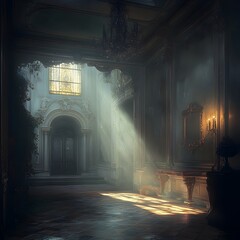 Abandoned Palace Interior with Atmospheric Lighting and Mysterious Mood