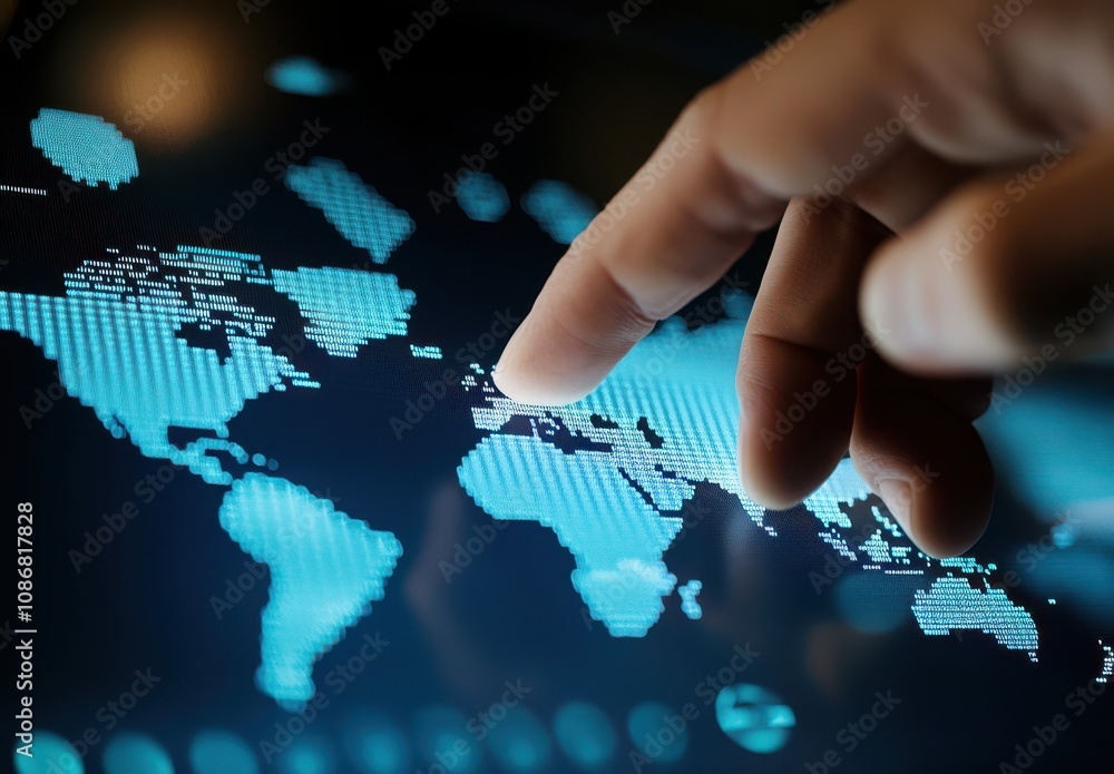 Poster close-up of a finger pointing at a digital world map on a touchscreen interface representing global 