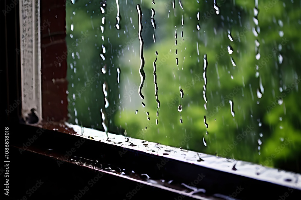 Poster rain from a window sill raindrops dripping from the edge of a wi