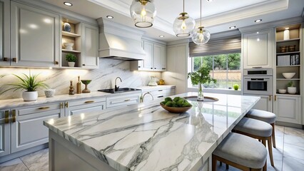 Elegant White Marble Stone Countertop with Subtle Veining, Showcasing a Stylish Kitchen Decor and Modern Design Elements for Luxurious Interior Spaces