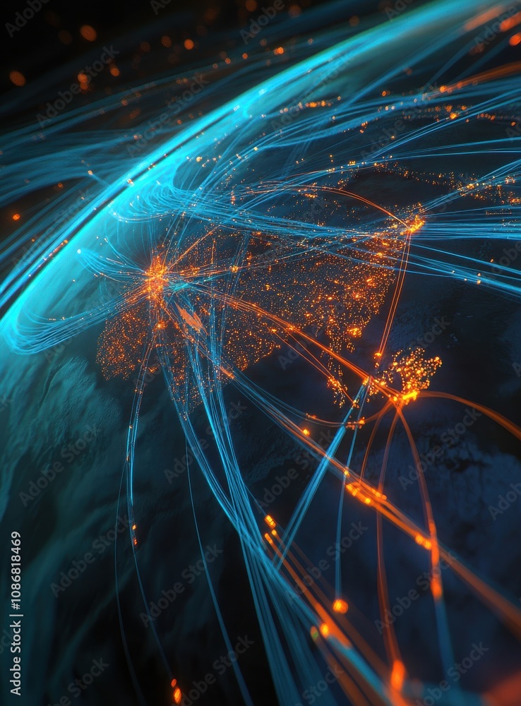 Poster Abstract Visual Representation of Global Connectivity with Bright Lines Illustrating Data Flow and Communication Networks Across a Dark Earth Background