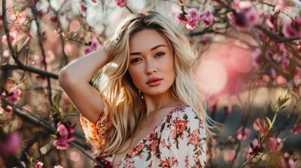 Fototapeta premium photograph of outdoor photo shoot, spring vibes, floral dress, blonde woman posing with hands in hair wide angle lens
